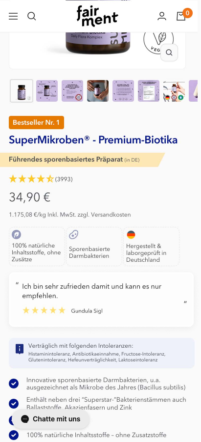 Screenshot der SuperMikroben Produktseite von Fairment