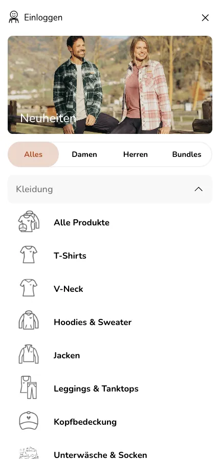 Bergmensch Mobile: Menü für großes Sortiment