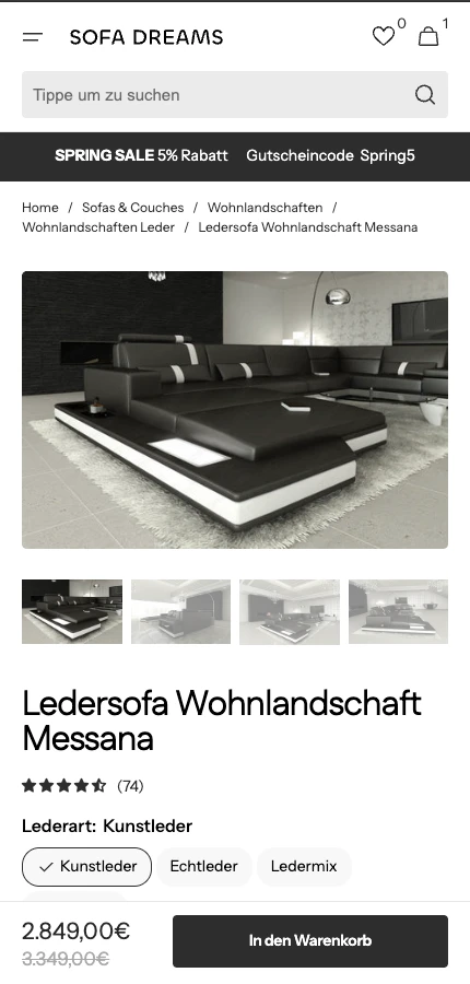 Sofa Dreams Mobile: Produktseite mit Service-Upselling