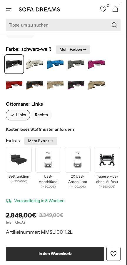 Sofa Dreams Mobile: Produktseite