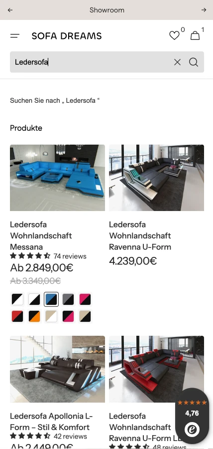 Sofa Dreams Mobile: Suchfunktion mit dynamischen Vorschlaegen