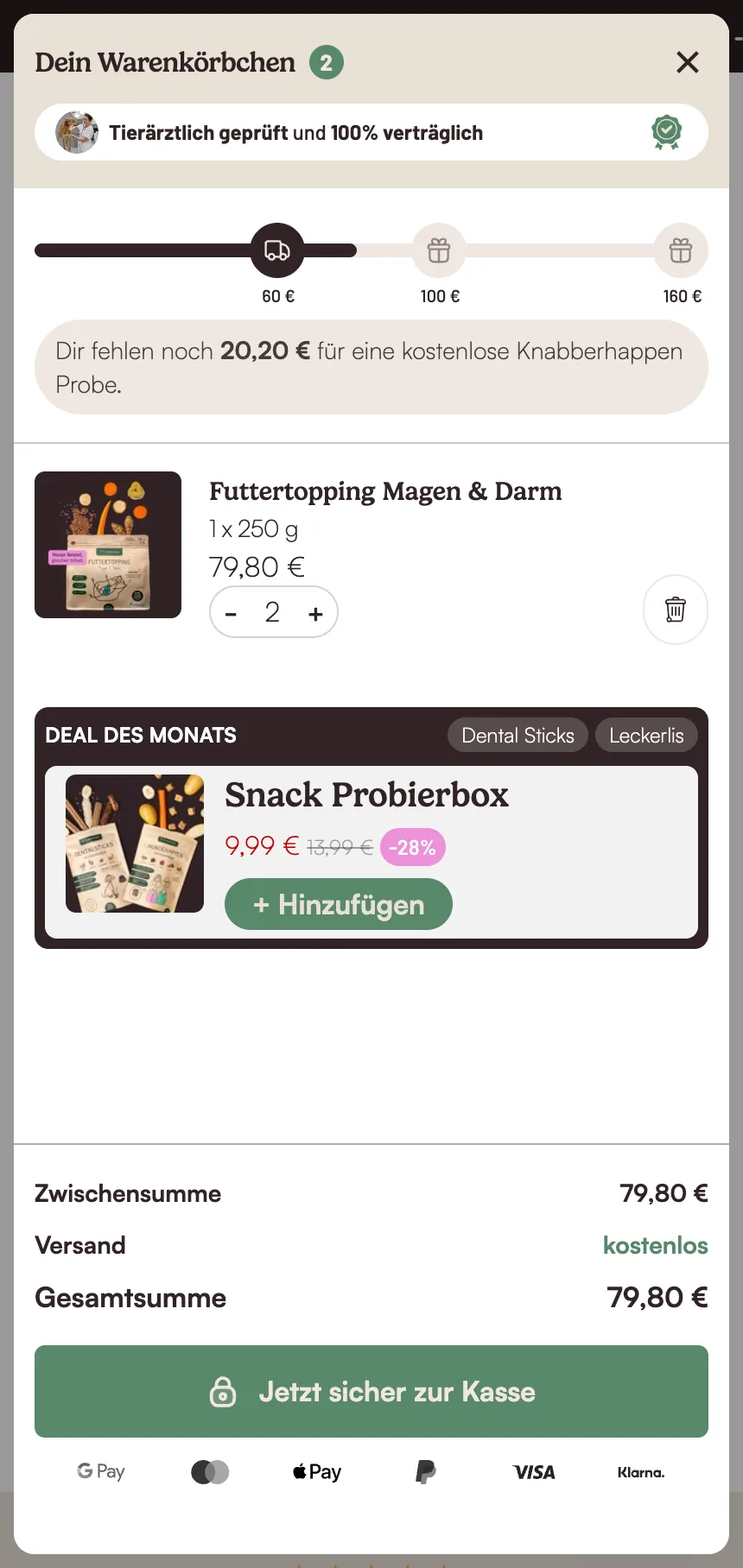 Hunderunde Mobile: Warenkorb mit Cross-Selling
