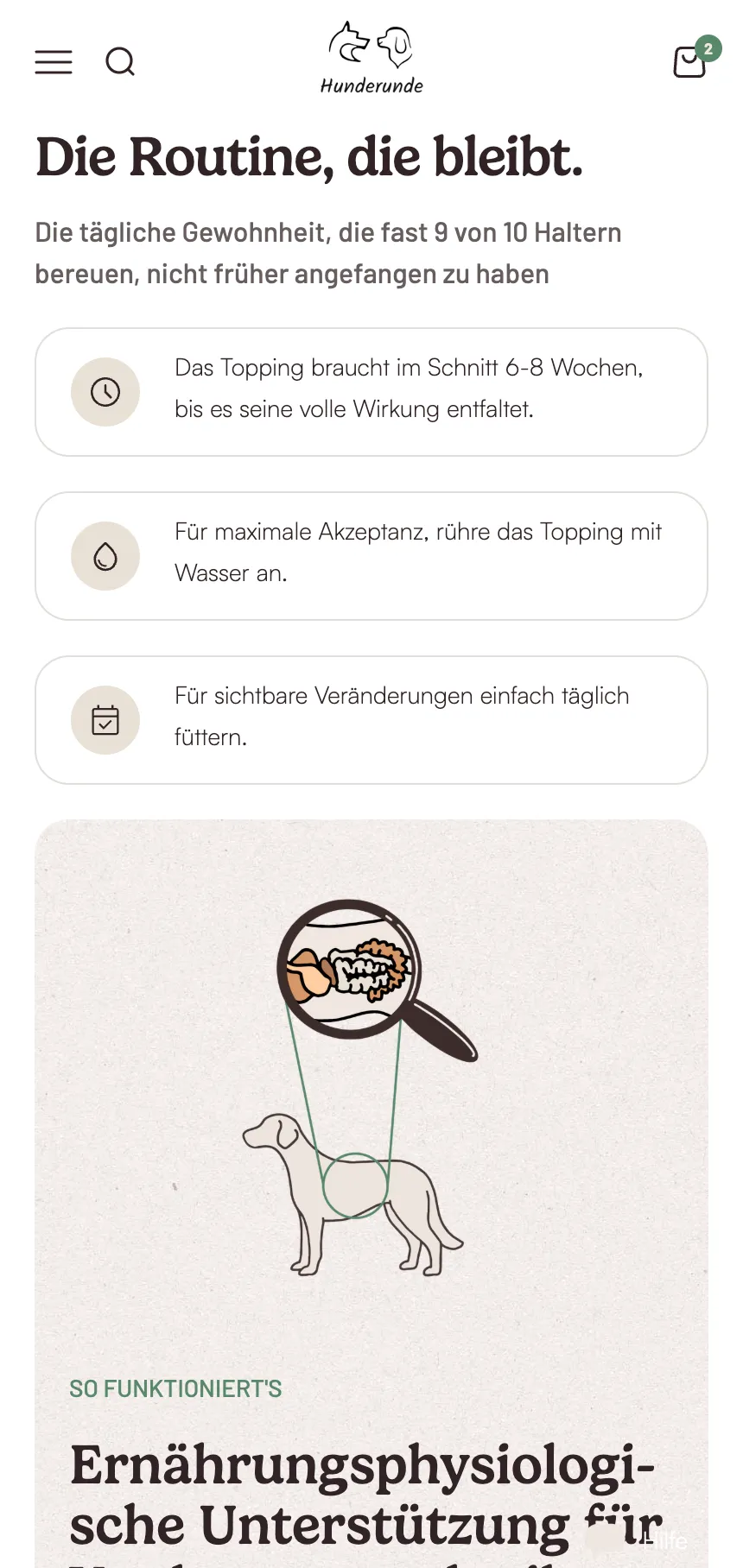 Hunderunde Mobile: Produktseiten-Sektion Routine